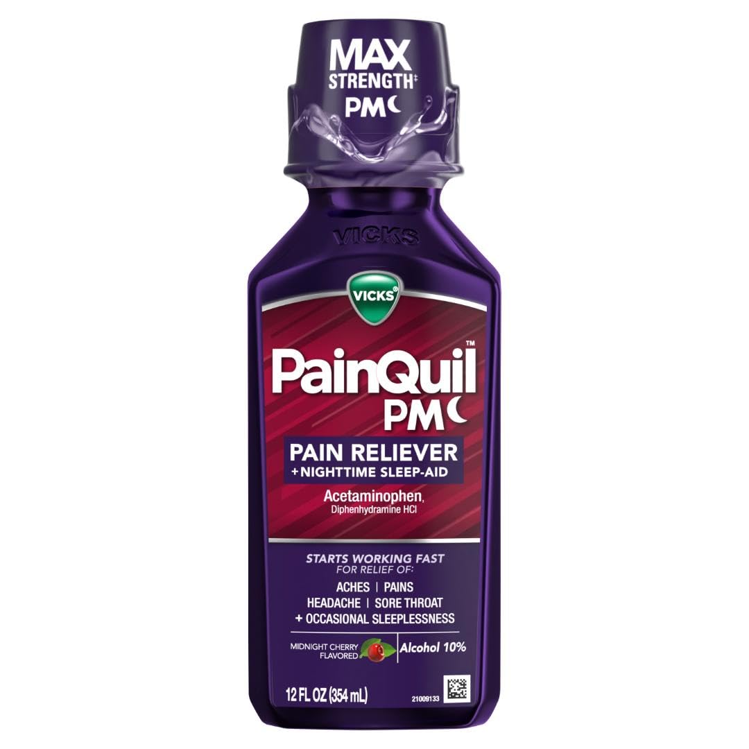 Buy now Vicks PainQuil Pain Relief Acetaminophen 1000mg Max Strength Adult Pain Reliever Liquid 12oz, Backache Headache Relief, 1 Nighttime Pain Reliever + Sleep Aid at indiglob india