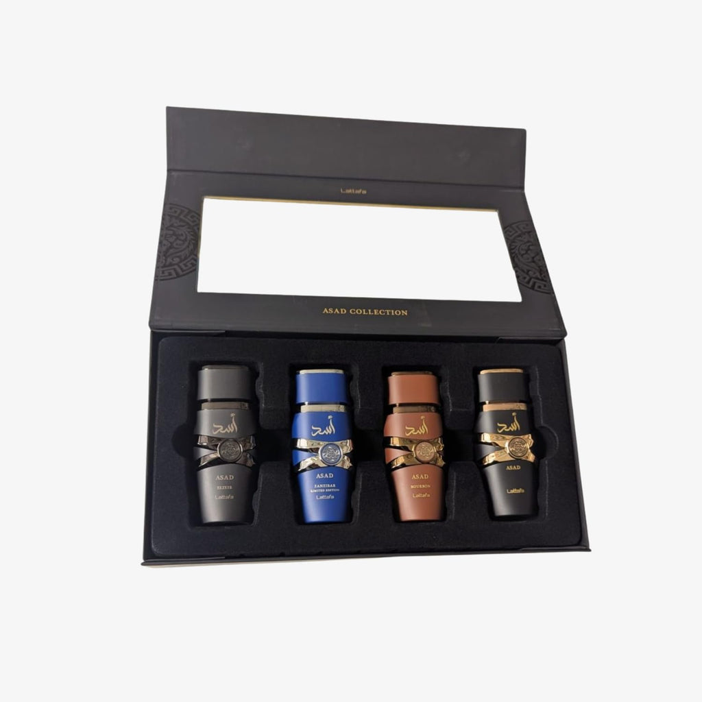 Lattafa Asad 4-Piece Gift Set 25ml – Men's Oriental Fragrance Collection | Asad, Elixir, Bourbon & Asad Zanzibar LE