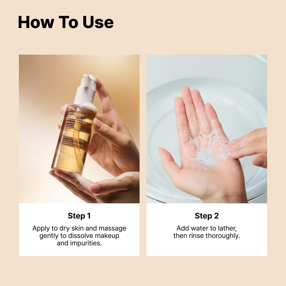 NIDA Perfect Clear™ Oil-To-Foam Double Cleanser | Jojoba Oil, Tea Tree Oil, Rice Extract | Good for Daily Impurities, Excess Sebum, Pore Cleaning, Blackheads, Dirt and Pollutants | 4.90 fl. oz., 145ml
