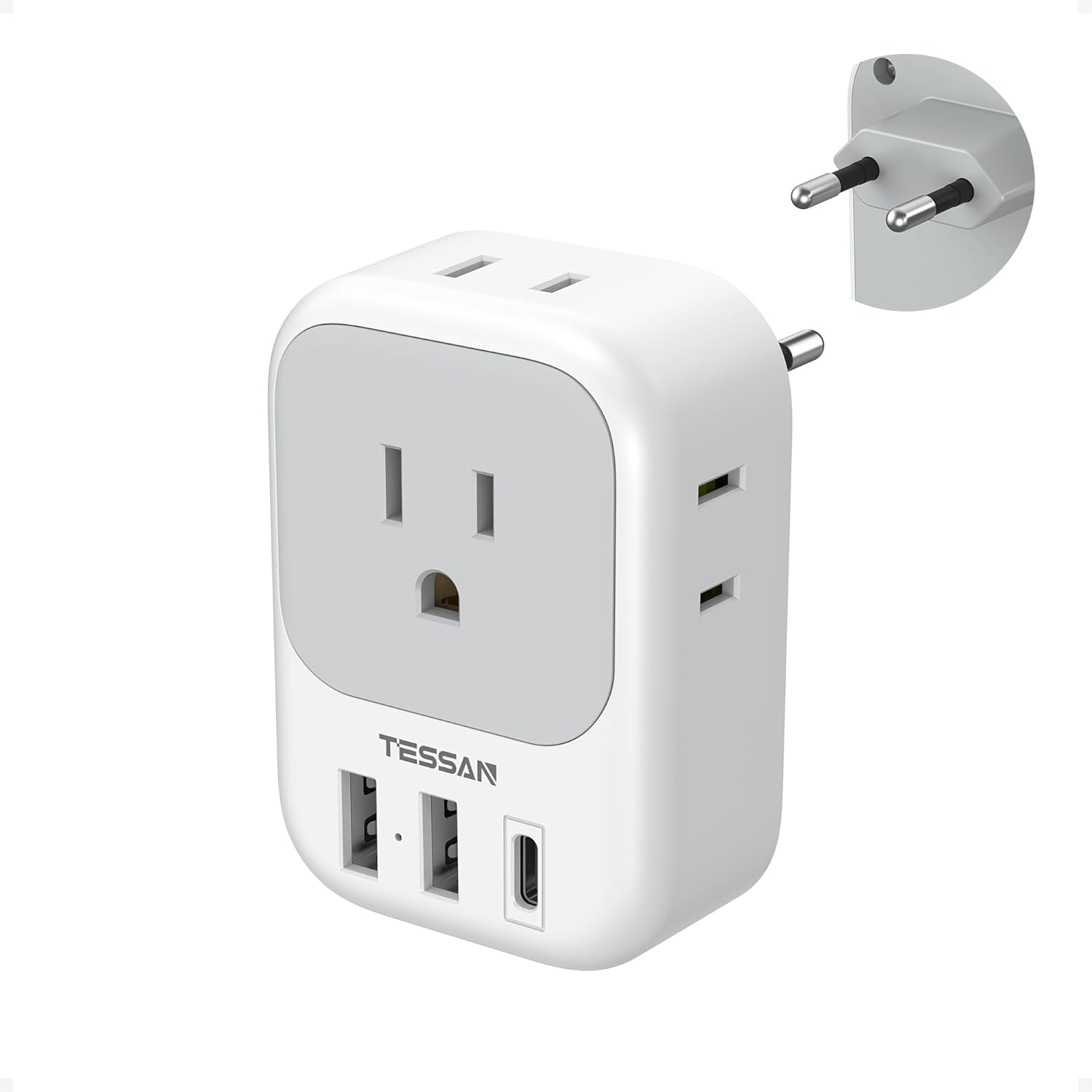 Buy now European Travel Plug Adapter USB C, TESSAN International Plug Adapter with 4 AC Outlets 3 USB Charging Ports, Type C Europe Power Adaptor for US to EU France Germany Iceland Spain Italy Type C-white gray at indiglob india