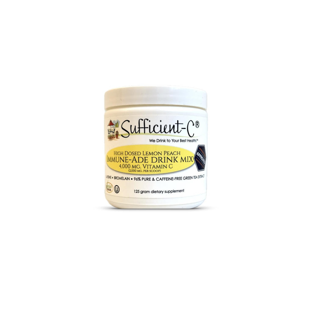 Sufficient-C High Dose Non-GMO Vitamin C Lemon Peach Immune-Ade Drink Mix, Convenient 125 Gram Size w/L-lysine, Bromelain & a Premium 96% Pure Green Tea Extract - Stomach Friendly, Adrenal Supportive