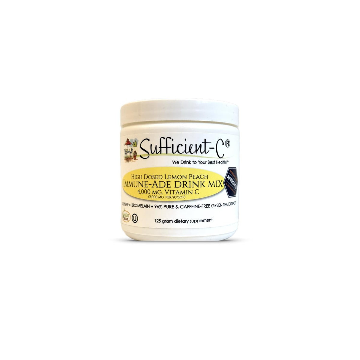 Sufficient-C High Dose Non-GMO Vitamin C Lemon Peach Immune-Ade Drink Mix, Convenient 125 Gram Size w/L-lysine, Bromelain & a Premium 96% Pure Green Tea Extract - Stomach Friendly, Adrenal Supportive