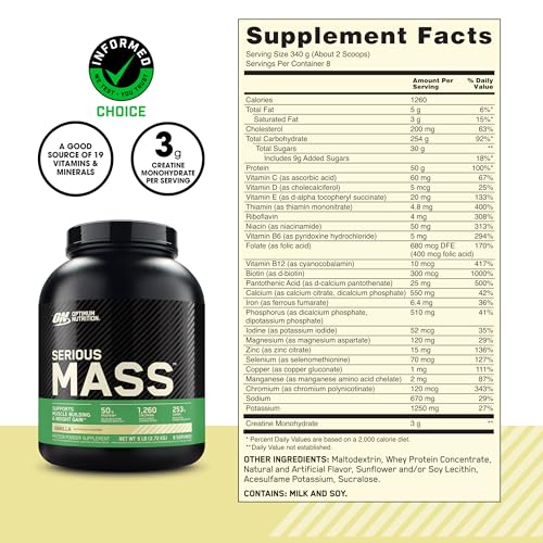 Buy now Optimum Nutrition Serious Mass, Weight Gainer Protein Powder, Mass Gainer, Vitamin C and Zinc for Immune Support, Creatine, Vanilla, 6 Pound (Packaging May Vary) at indiglob india