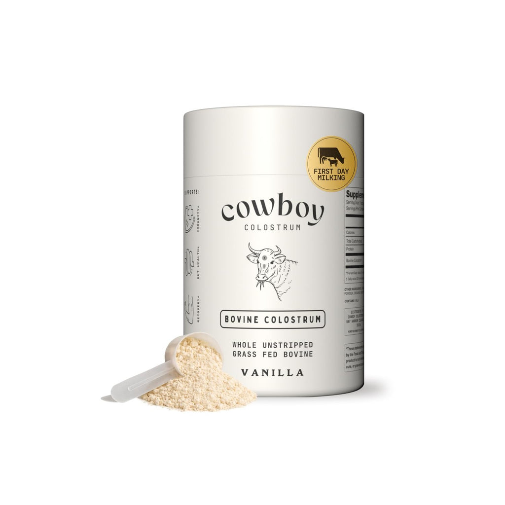 Cowboy - The Exclusive 1st Milking, Whole, Grass Fed Colostrum Supplement for Full Body Health - Bovine Colostrum Powder Packed w/Bioactive Nutrients - Sugar Free (Vanilla, 40 Servings)