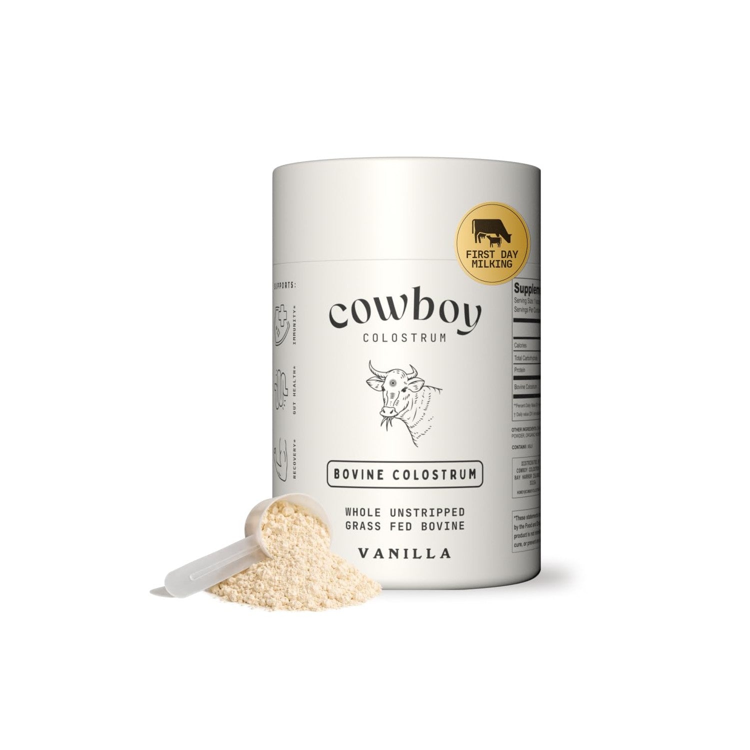 Cowboy - The Exclusive 1st Milking, Whole, Grass Fed Colostrum Supplement for Full Body Health - Bovine Colostrum Powder Packed w/Bioactive Nutrients - Sugar Free (Vanilla, 40 Servings)