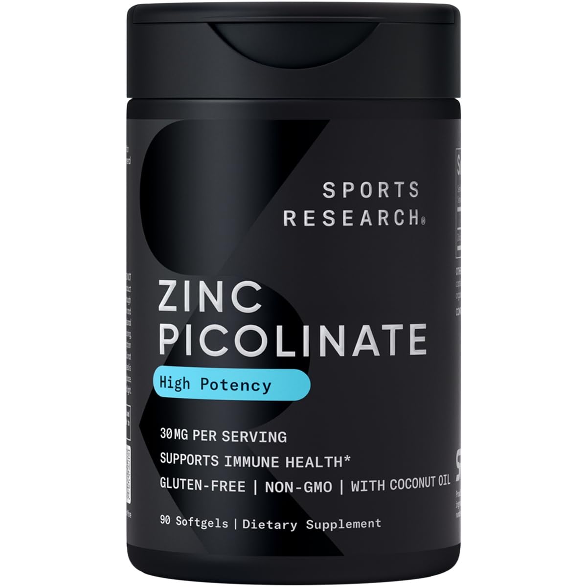 Sports Research® Zinc Picolinate 30mg w/Organic Coconut Oil, 90 Softgels | High Potency Zinc Supplement for Healthy Immune & Enzyme Function - Non-GMO Tested & Gluten-Free, 90 Servings