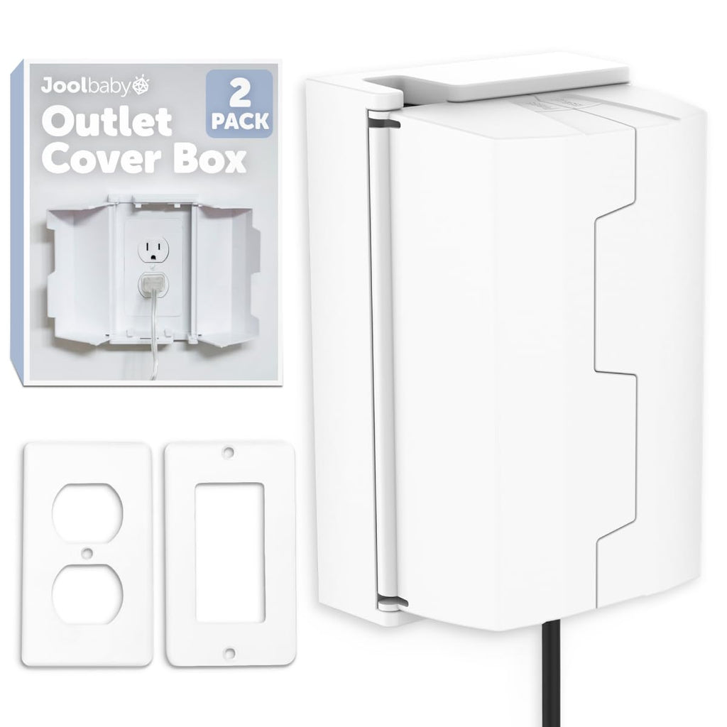 Jool Baby Outlet Cover Box for Child Safety (2 Pack) Duplex & Decorator Electrical Outlet Plates, Concealed Access Buttons, and Spacious Compartment