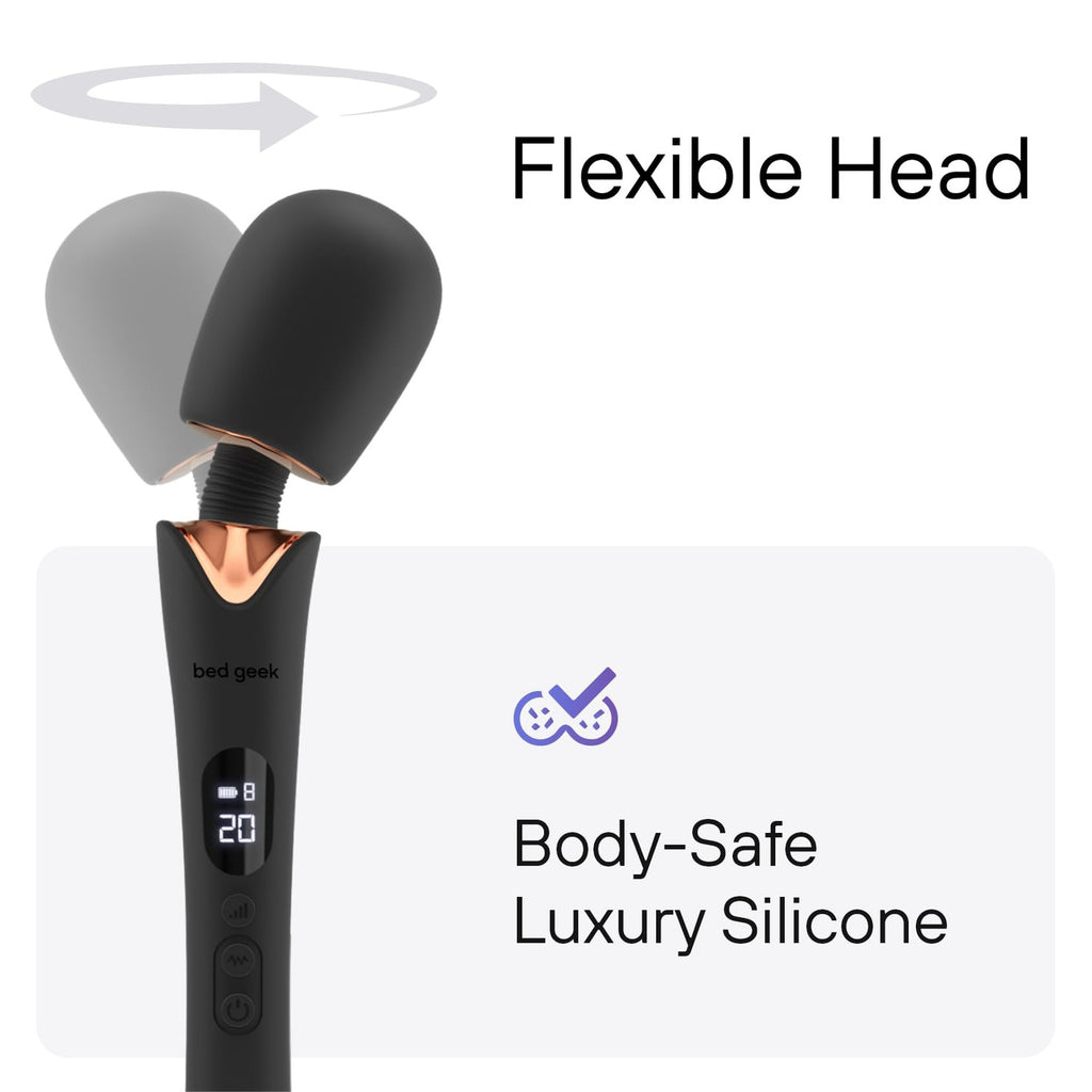 bed geek Cordless Wand Massager – Super Powerful Handheld Massage with 20 Speeds & 8 Patterns, Soft Silicone Head, Quiet Motor, LED Display, Body-Safe & Waterproof Black & Rose Gold