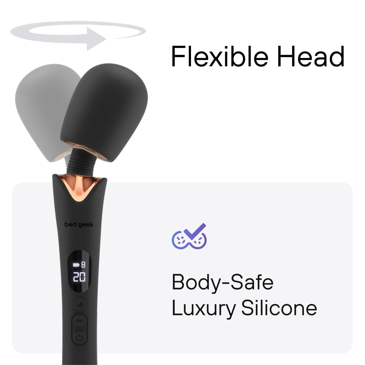 bed geek Cordless Wand Massager – Super Powerful Handheld Massage with 20 Speeds & 8 Patterns, Soft Silicone Head, Quiet Motor, LED Display, Body-Safe & Waterproof Black & Rose Gold