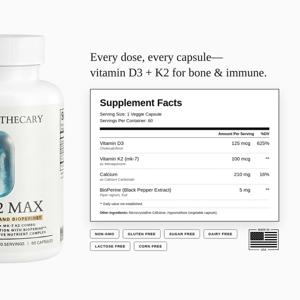 D3+K2 Max Vitamin D3 125mcg + K2 MK-7 100mcg with Calcium 210mg & BioPerine - Bone, Heart & Immune Support - Non-GMO, Gluten Free - 60 Capsules