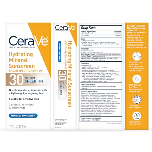 Buy now CeraVe Hydrating Mineral Sunscreen SPF 30 with Sheer Tint, Tinted Mineral Sunscreen with Zinc Oxide & Titanium Dioxide, Blends Seamlessly For Healthy Glow, Deep, 1.7 Oz at indiglob india