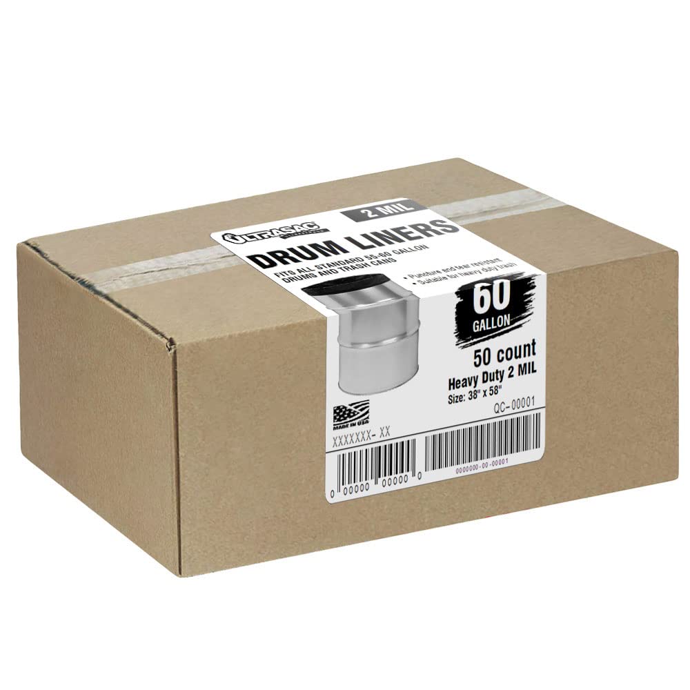 Ultrasac 55-60 Gallon Heavy Duty Black Drum Liners - 50 Bags w. Ties, 2 Mil