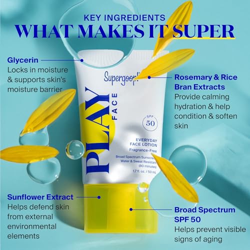 Buy now Supergoop! PLAY Everyday Face Lotion SPF 50 - Lightweight, Non-Greasy Formula - Natural Finish - Fragrance Free - Water & Sweat Resistant - All Skin Types - 1.7 fl oz at indiglob india