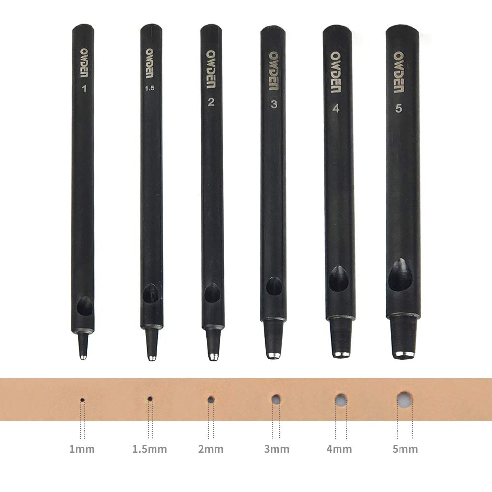 OWDEN Professional 6Pcs Leather Hollow Punch Set, 1.0-5.0mm,Slim Style.