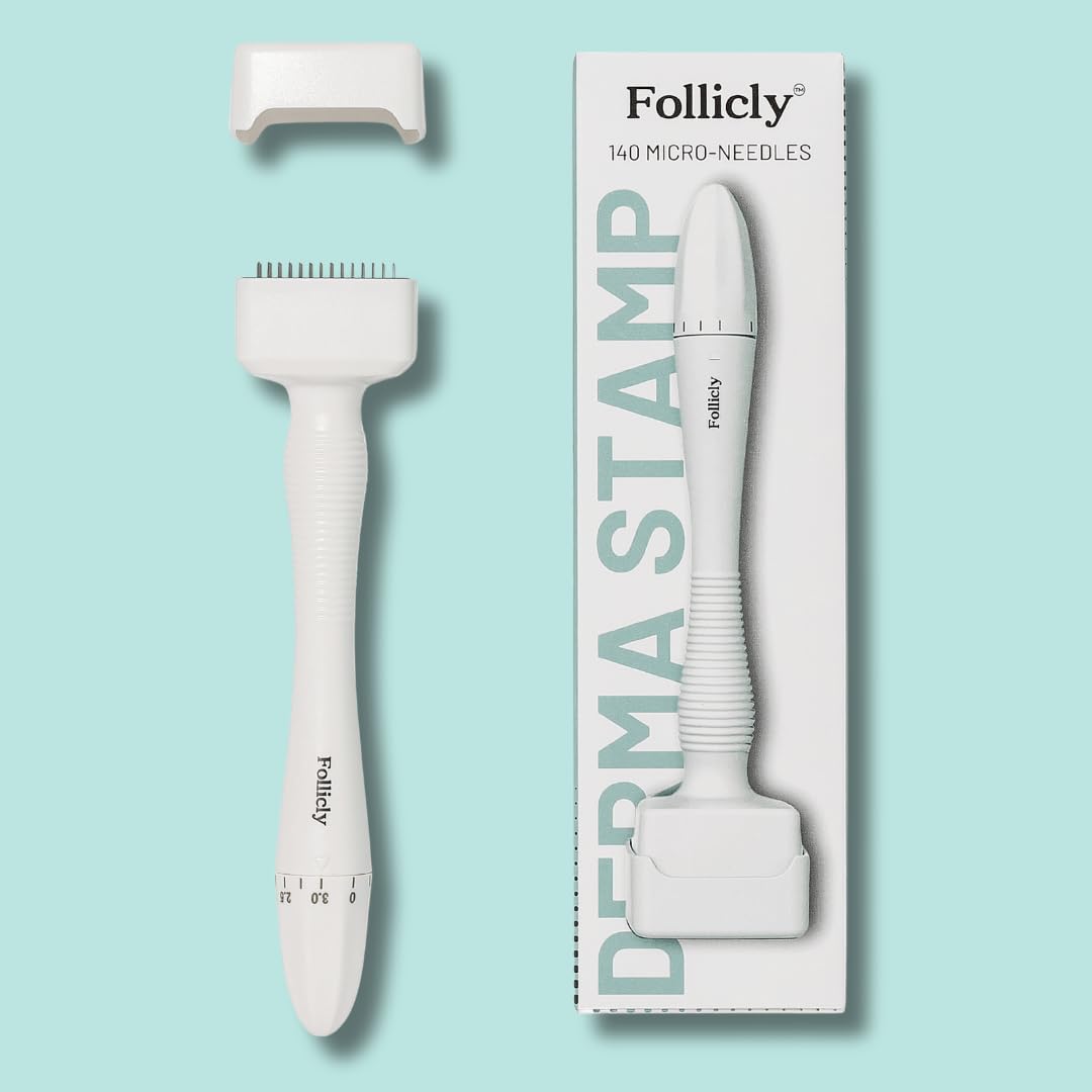 Follicly Derma Stamp – Professional Microneedling Tool for Hair, Beard, and Skin Care – 140 Titanium Micro Needle Stamp for Home Use – for Men & Women