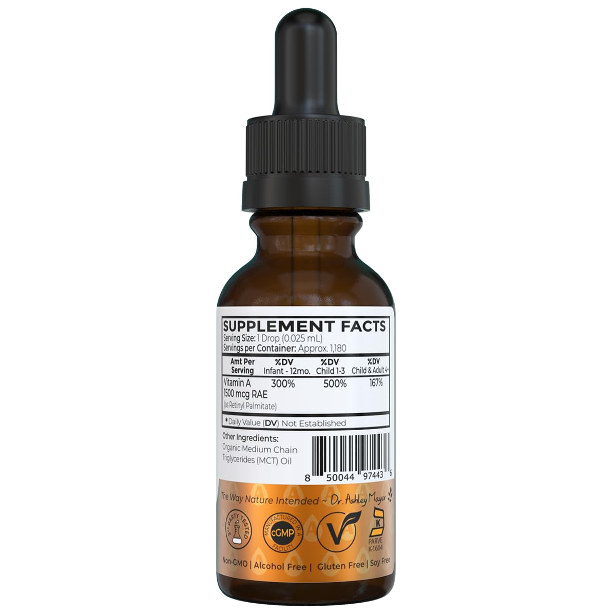Dr. Green Mom Mega Vitamin A Liquid Drops | 1500 mcg RAE Per 1 Drop, 1180 Servings Per Bottle | Certified Organic, Non-GMO in Organic MCT Oil | Retinyl Palmitate | Infants, Kids & Adults | 1 fl oz