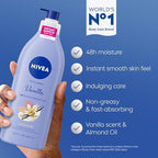Buy now NIVEA Oil Infused Vanilla and Almond Oil Body Lotion for Women, Fast-Absorbing and Non-Greasy Vanilla Scented Lotion Moisturizes for 48 Hours, 16.9 Fl Oz Pump Bottle, Pack of 3 at indiglob india