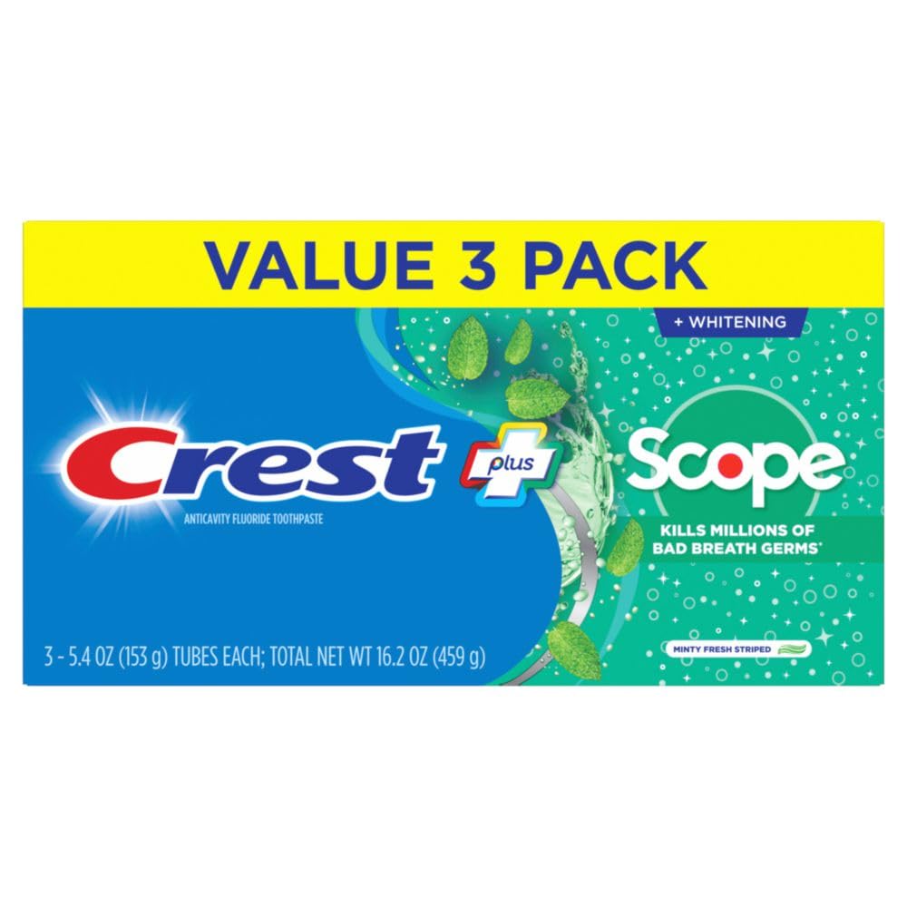 Buy now Crest + Scope Whitening Toothpaste - Pack of 3, 5.4 Oz Tubes - Anticavity Fluoride Toothpaste, Fresh Breath, Kills Germs - Tartar Protection, Enamel Protection - Minty Fresh Flavor at indiglob india
