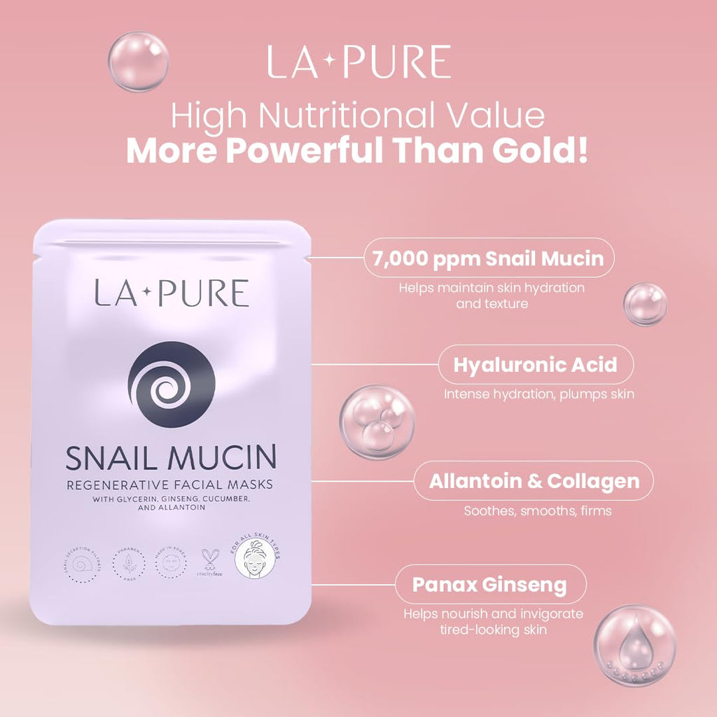 Buy now LA PURE Snail Mucin Mask – 10ct Korean Sheet Mask Pack for Signs of Aging, Aid Skin Repair & Hydration – Pure Snail Mask for Face with Collagen & Hyaluronic Acid – Cruelty-Free Hydrating Sheet Mask at indiglob india