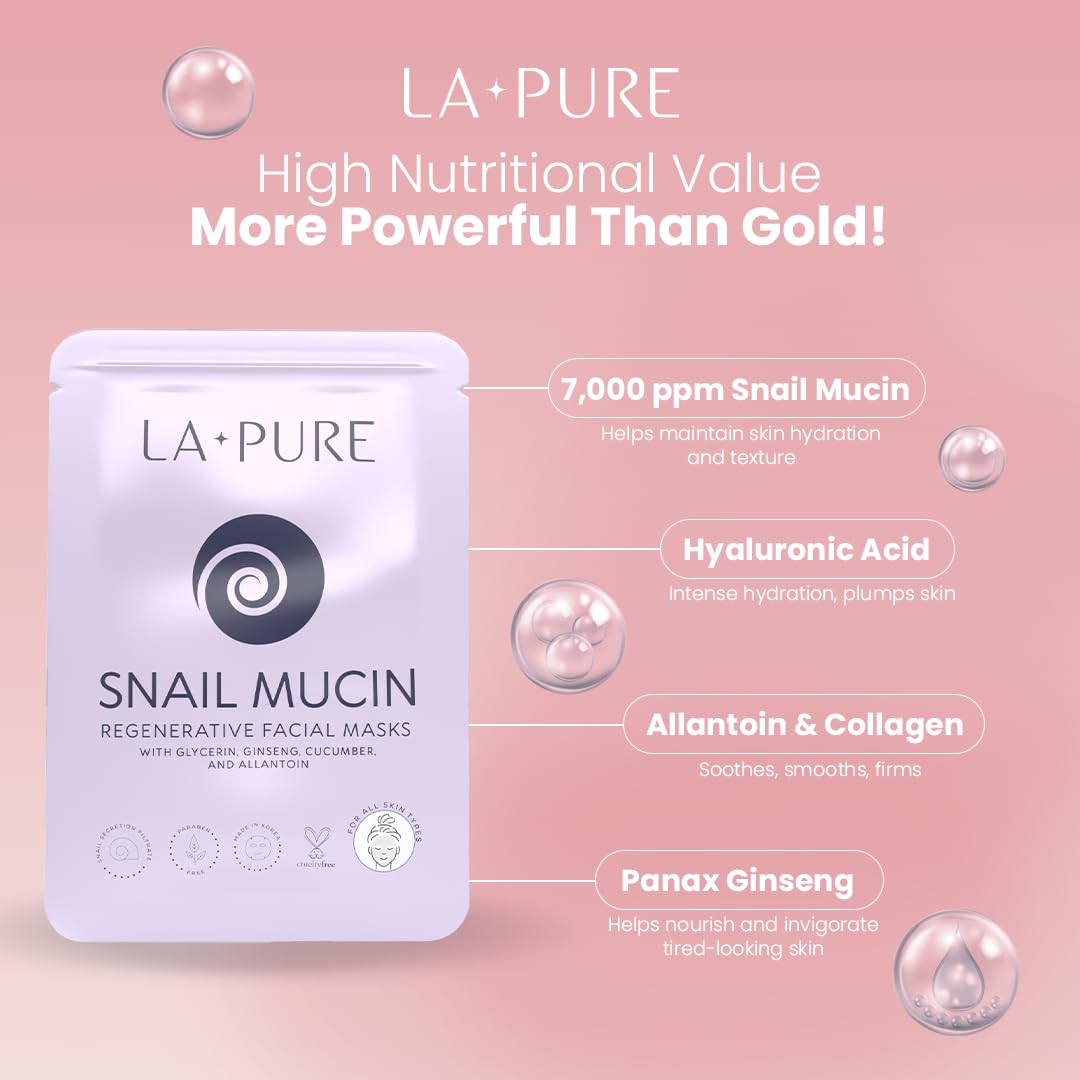Buy now LA PURE Snail Mucin Mask – 10ct Korean Sheet Mask Pack for Signs of Aging, Aid Skin Repair & Hydration – Pure Snail Mask for Face with Collagen & Hyaluronic Acid – Cruelty-Free Hydrating Sheet Mask at indiglob india