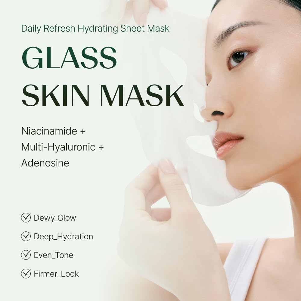 Sheet Mask with Niacinamide, Adenosine & Hyaluronic Acid, Glass Skin, 6ct