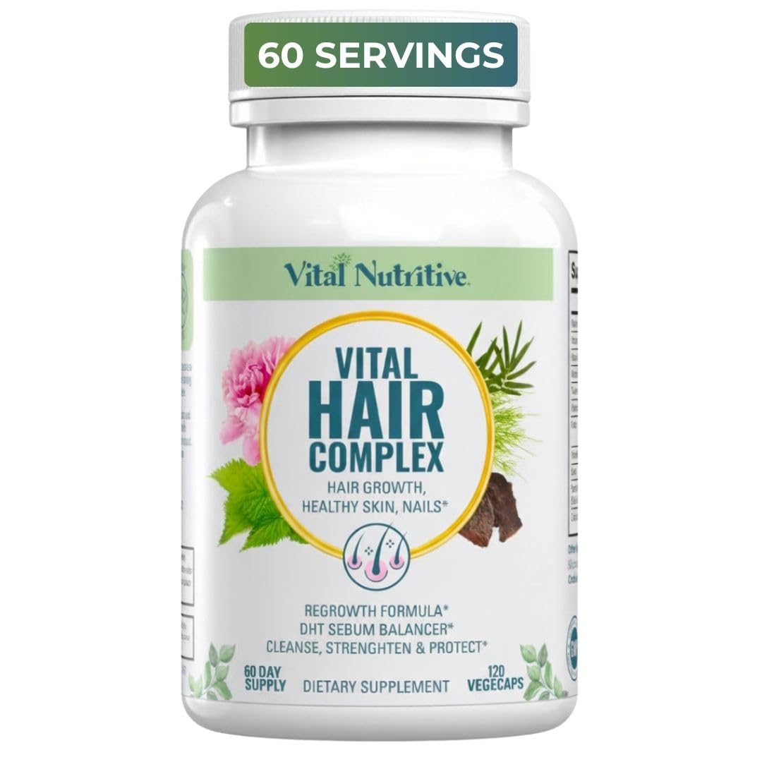 VITAL NUTRITIVE Biotin Hair Growth Vitamins - Hair, Skin & Nails Supplement | Biotin&Vitamin B Complex Blend, Thicker, Stronger Hair, Skin and Nails, Hormone Free, Gluten Free, Non-GMO, 60 Count