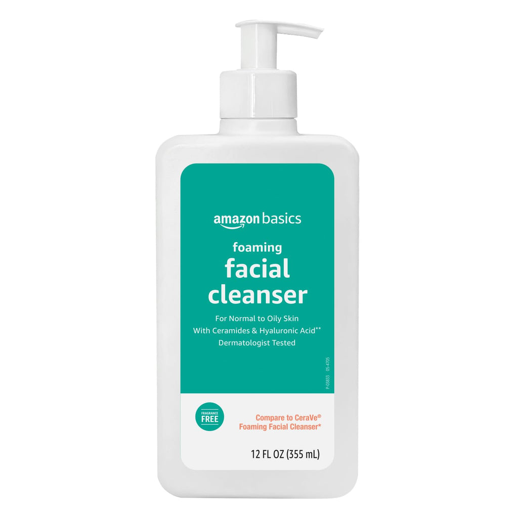 Amazon Basics Foaming Facial Cleanser with Ceramides & Hyaluronic Acid, Gentle Daily Face Wash, Non-Comedogenic, Fragrance-Free, 12 fl oz