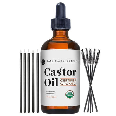 Kate Blanc Cosmetics Castor Oil Organic (4oz), 100% Pure, Cold Pressed, Hexane Free. Natural Oil for Hair, Eyelashes, Eyebrows. Skin Moisturizer with Starter Kit