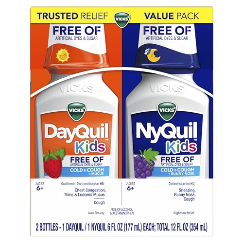 Buy now VICKS Kids DayQuil & NyQuil Cold & Cough Relief Liquid Co-Pack, Free of Artificial Dyes & Sugar, Multi-Symptom Relief of Cough, Sneezing, Runny Nose, Mucus, and Chest Congestion, for Ages 6+, 2x6oz at indiglob india