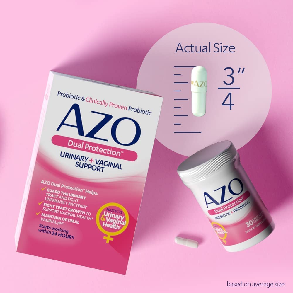 AZO Dual Protection, Urinary + Vaginal Support, Prebiotics and Probiotics for Women*, Starts Working Within 24 Hours, Non-GMO, 30 Count (Pack of 2)