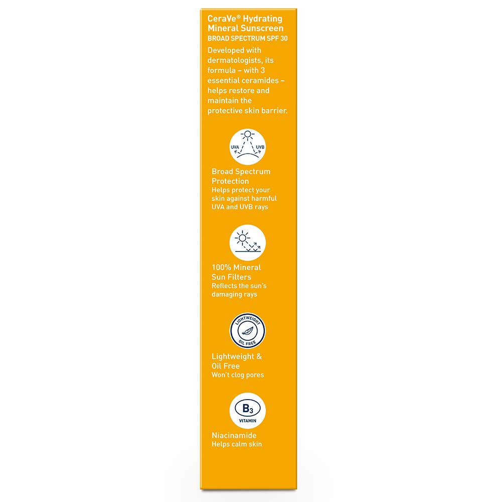Buy now CeraVe 100% Mineral Sunscreen SPF 30, Face sunscreen With Zinc Oxide & Titanium Dioxide, Hyaluronic Acid + Niacinamide + Ceramides, Oil Free, Travel Size 2.5 oz at indiglob india