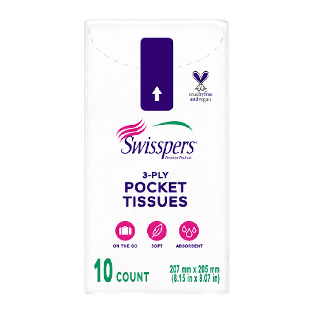 Swisspers Pocket Tissues, 3-Ply White, 10 per Pack (Pack of 8)