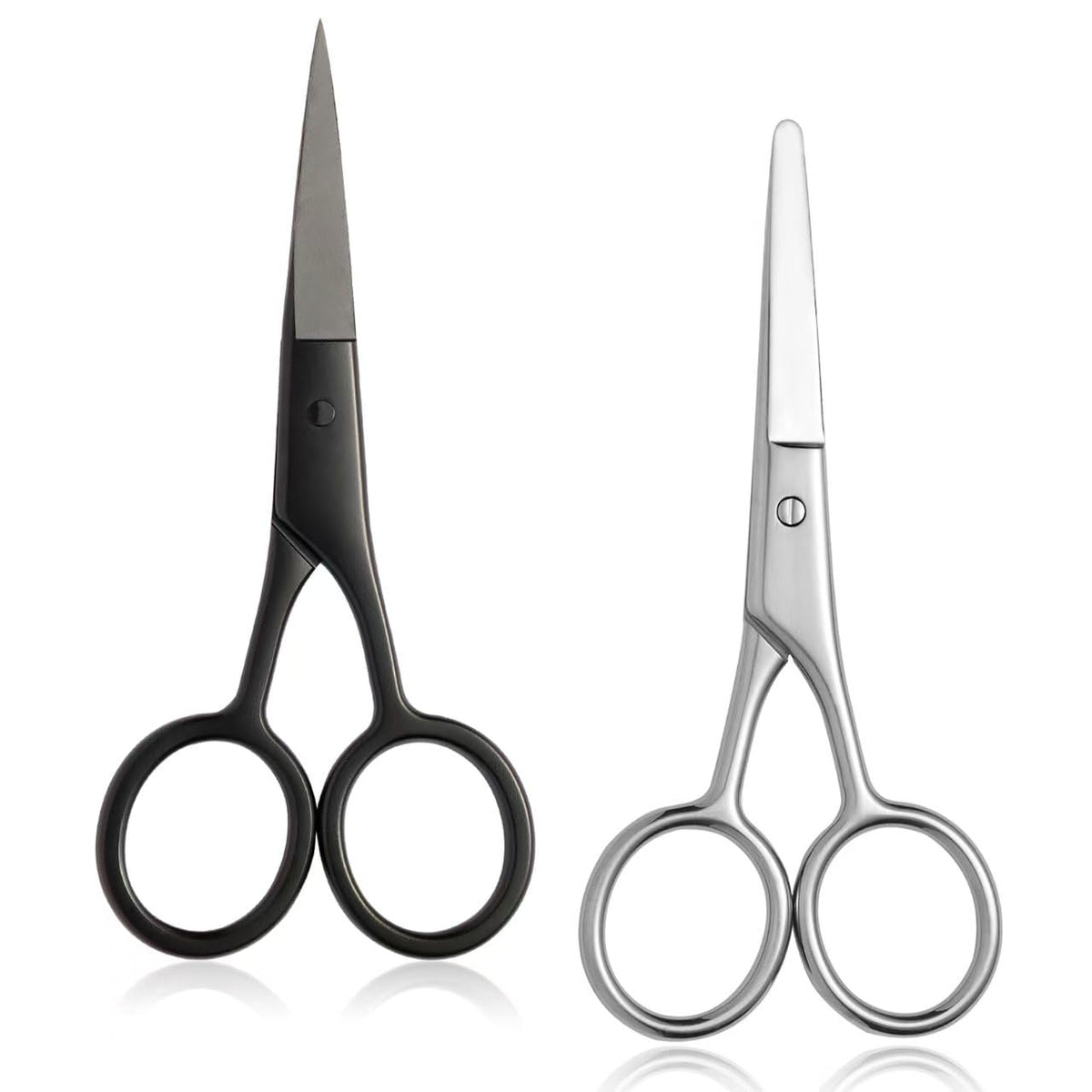 2PCS Small Grooming Scissors for Men and Women, Facial Hair Trimming Scissors with Straight & Rounded Safety Tips for Eyebrows, Nose Hair, Beard, Mustache, Eyelashes, and Ear Hair - Silver & Black