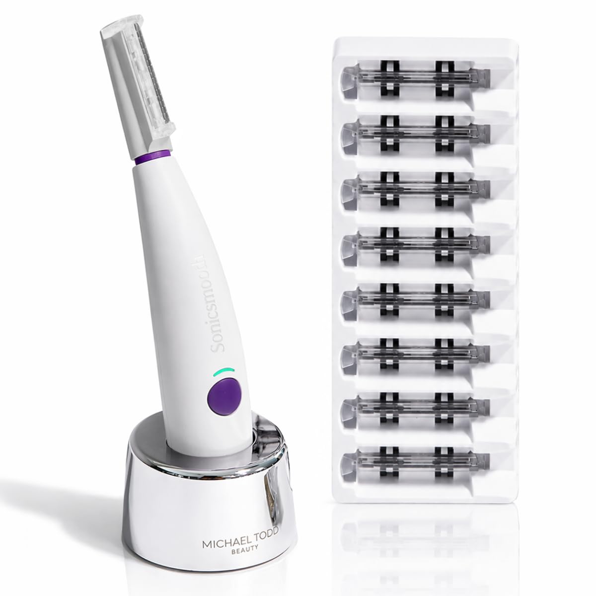 Michael Todd Beauty Sonicsmooth Dermaplane Razor for Women Face | Dermaplaning System + Eyebrow Trimmer, Peach Fuzz Remover, 8 Weeks of Dermaplaning Blades, 3-Year Warranty