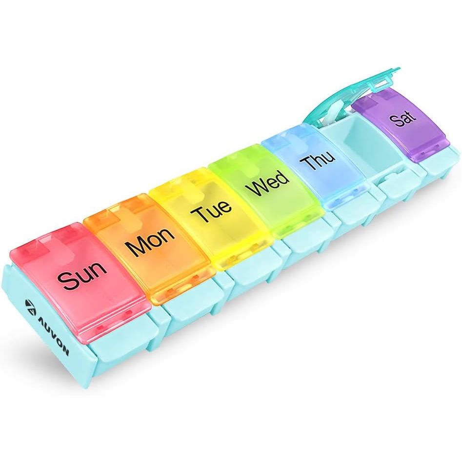 Buy now AUVON Weekly Pill Organizer Arthritis Friendly, BPA Free Travel 7 Day Pill Box Case with Spring Open Design and Large Compartment to Hold Vitamins, Cod Liver Oil, Supplements and Medication Light Blue at indiglob india