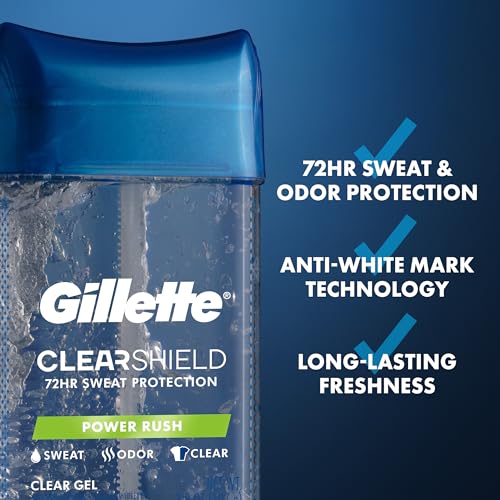 Buy now Gillette Antiperspirant and Deodorant for Men, 72hr Sweat & Odor Protection, Long Lasting Freshness, Anti-White Mark Technology, Clear Gel, Power Rush Scent, 3.8 oz (Pack of 3) at indiglob india