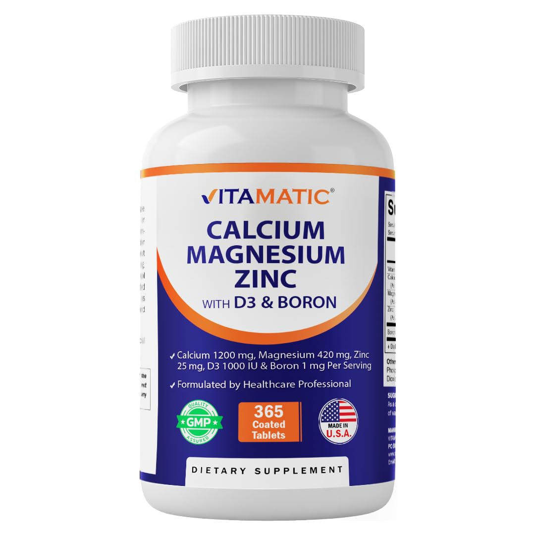Vitamatic Calcium Magnesium Zinc D3 Boron | 365 Coated Tablets Supplement | Calcium 1200 mg, Magnesium 420mg, Zinc 25mg, Vitamin D3 1000 IU, Boron 1 mg | Non-GMO | Gluten Free | Made in USA