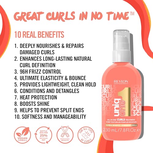 Buy now Revlon Professional UniqOne Curls Treatment, 10-in-1 Leave-In for Curly Hair, 96H Frizz Control, Deep Nourishment & Repair, Curl Definition, Heat Protection, Vegan, 7.8 fl oz at indiglob india