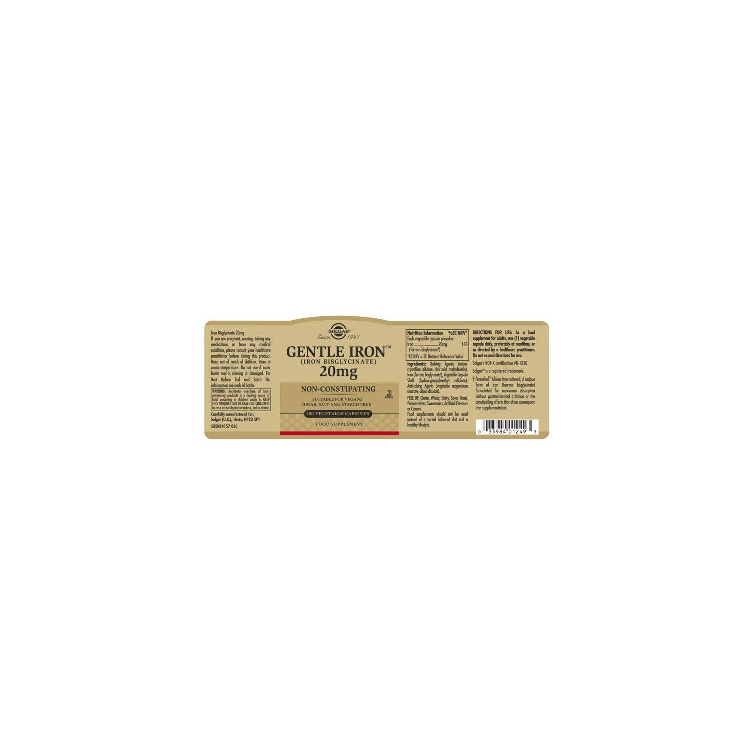 Solgar Gentle Iron, 180 Vegetable Capsules, Red Blood Cell Supplement