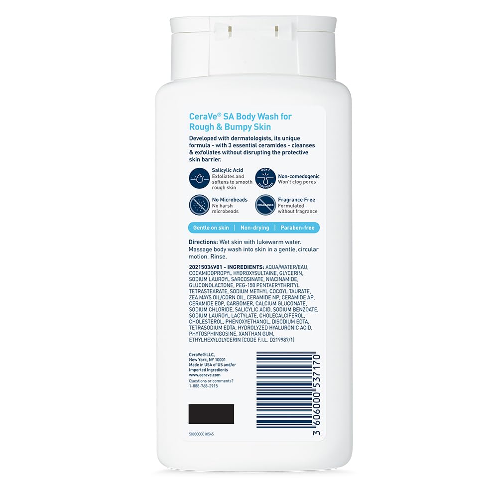CeraVe Salicylic Acid Body Wash, Exfoliates Rough and Bumpy Skin, 10oz | Skin Care, Hyaluronic Acid, Niacinamide, Exfoliating, Dry Skin, Rough and Bumpy Skin, Hydrating, Gentle Exfoliation