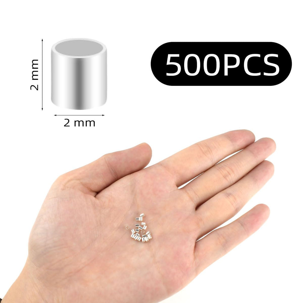 500 Pieces Tube Crimp Beads for Jewelry Making 2MM Crimping Beads for DIY Necklace Earring Bracelet Crimp Stopper Silver Tube Crimp End Brass Crimp Tube Spacer Tiny Loose Crimp Tube Bead (Silver)