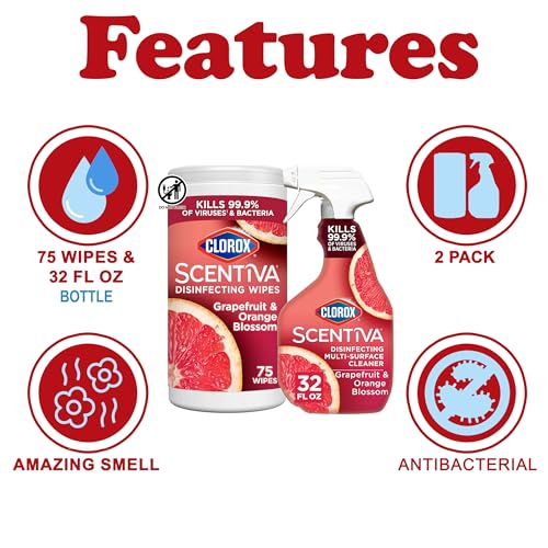 Buy now Clorox Scentiva Disinfecting Multi-Surface Cleaner Spray 32 Ounce & Disinfecting Wipes-75 Count, Tahitian Grapefruit Splash Scent Bundle at indiglob india