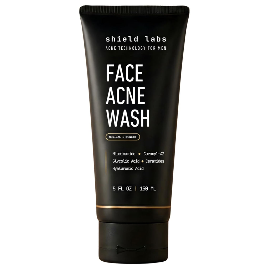 Shield Face Acne Wash for Men and Boys, Curoxyl-42 Face Wash to Clear, Treat, and Prevent Acne, Gentle formula with Niacinamide, Hyaluronic Acid, and Ceramides, Unscented, 5.1 oz, Pack of 1