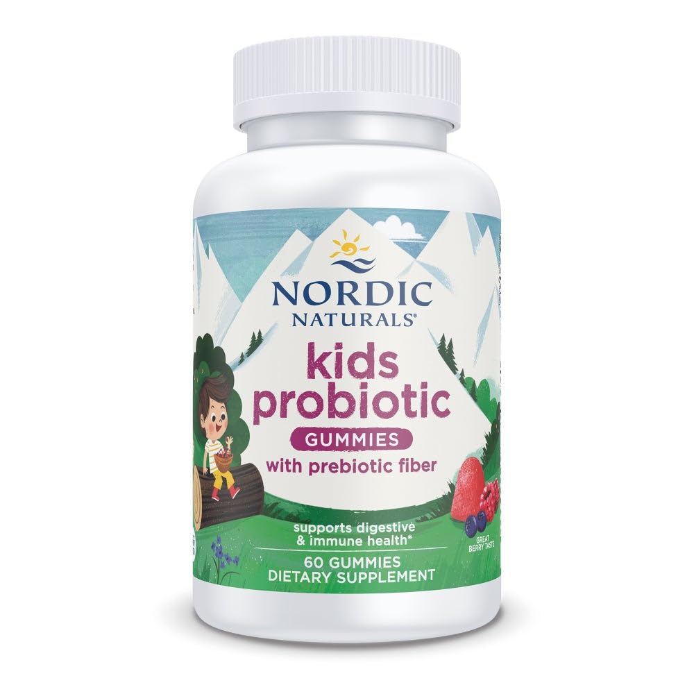 Nordic Naturals Kids Nordic Flora Probiotic Gummies, 1.5B CFU - 60 Count | Supports digestive & immune health. 1.5B CFU probiotics + prebiotic fiber. Non-GMO, Vegan. Berry Punch flavor. 30 Servings