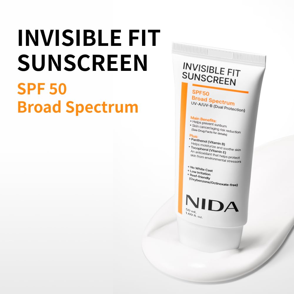 NIDA Invisible Fit Sunscreen SPF 50 Broad Spectrum UV-A/UV-B Protection | No White Cast, Low Irritation, Hydrating Lotion-like Lightweight Glow Sunscreen for All Skin Types | 1.69 fl. oz., 50ml