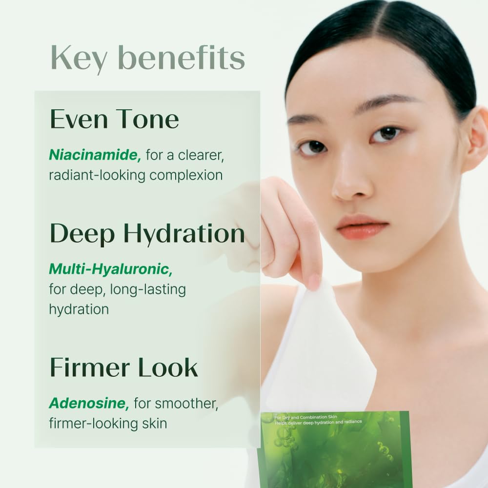 Sheet Mask with Niacinamide, Adenosine & Hyaluronic Acid, Glass Skin, 6ct