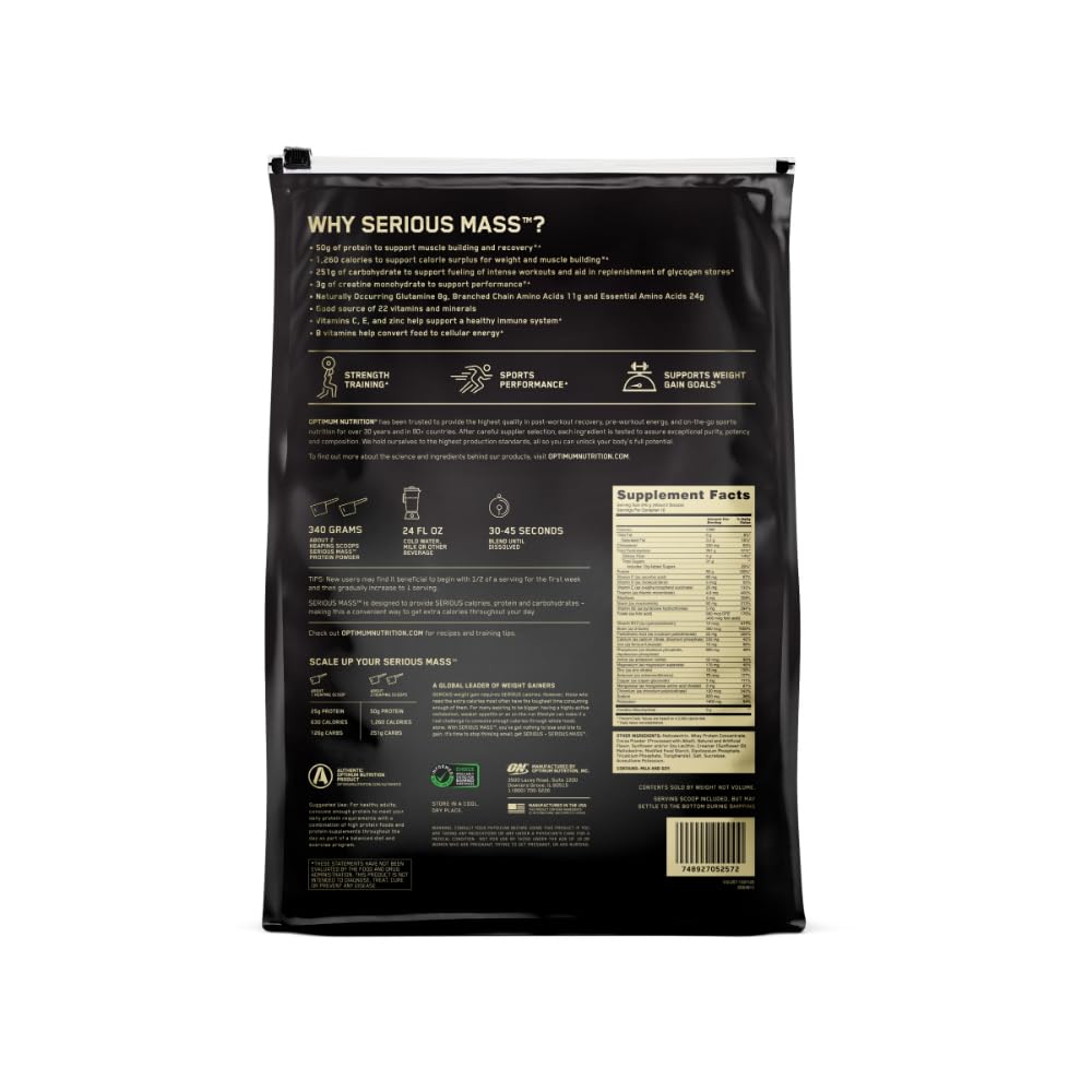 Buy now Optimum Nutrition Serious Mass, Weight Gainer Protein Powder, Mass Gainer, Vitamin C and Zinc for Immune Support, Creatine, Chocolate Peanut Butter, 12 Pound (Packaging May Vary) at indiglob india