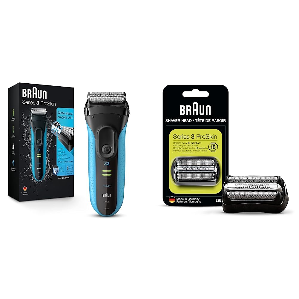 Braun Electric Series 3 Razor with Precision Trimmer, Rechargeable, Wet & Dry Foil Shaver for Men, Blue/Black, 4 Piece | Precision Trimmer, Rechargeable, Wet & Dry, Foil Shaver, 4 Piece