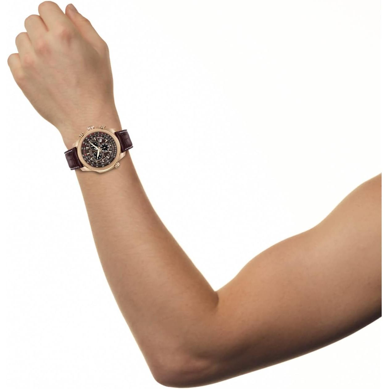 Buy now Citizen Men's Eco-Drive Weekender Brycen Chronograph Watch in Gold-tone Stainless Steel, Brown Leather strap (Model: BL5403-03X) at indiglob india
