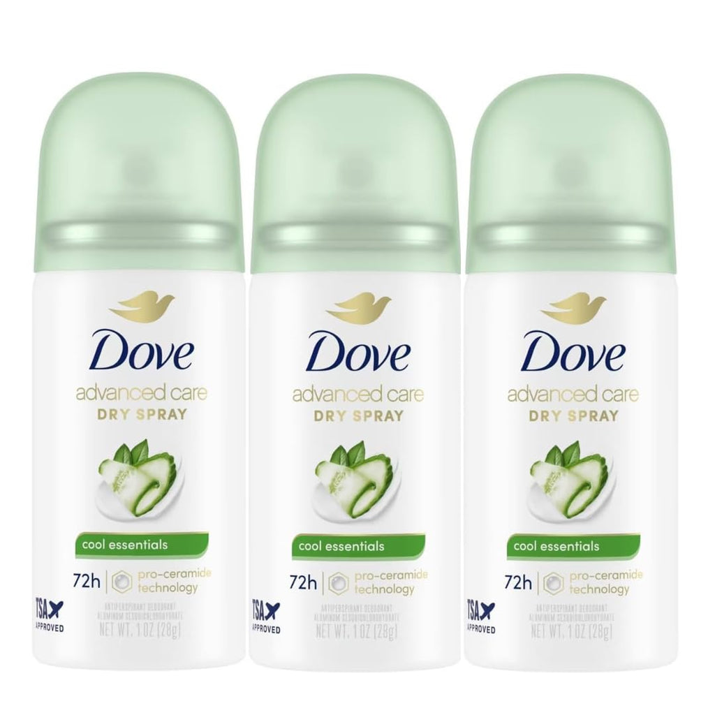 Dove Advanced Care Cool Essentials Antiperspirant & Deodorant Dry Spray Travel Size 1 oz Mini 3-Pack, 72 Hour Protection, Pro-Ceramide Technology, Cool Fresh Pear and Cucumber Scent